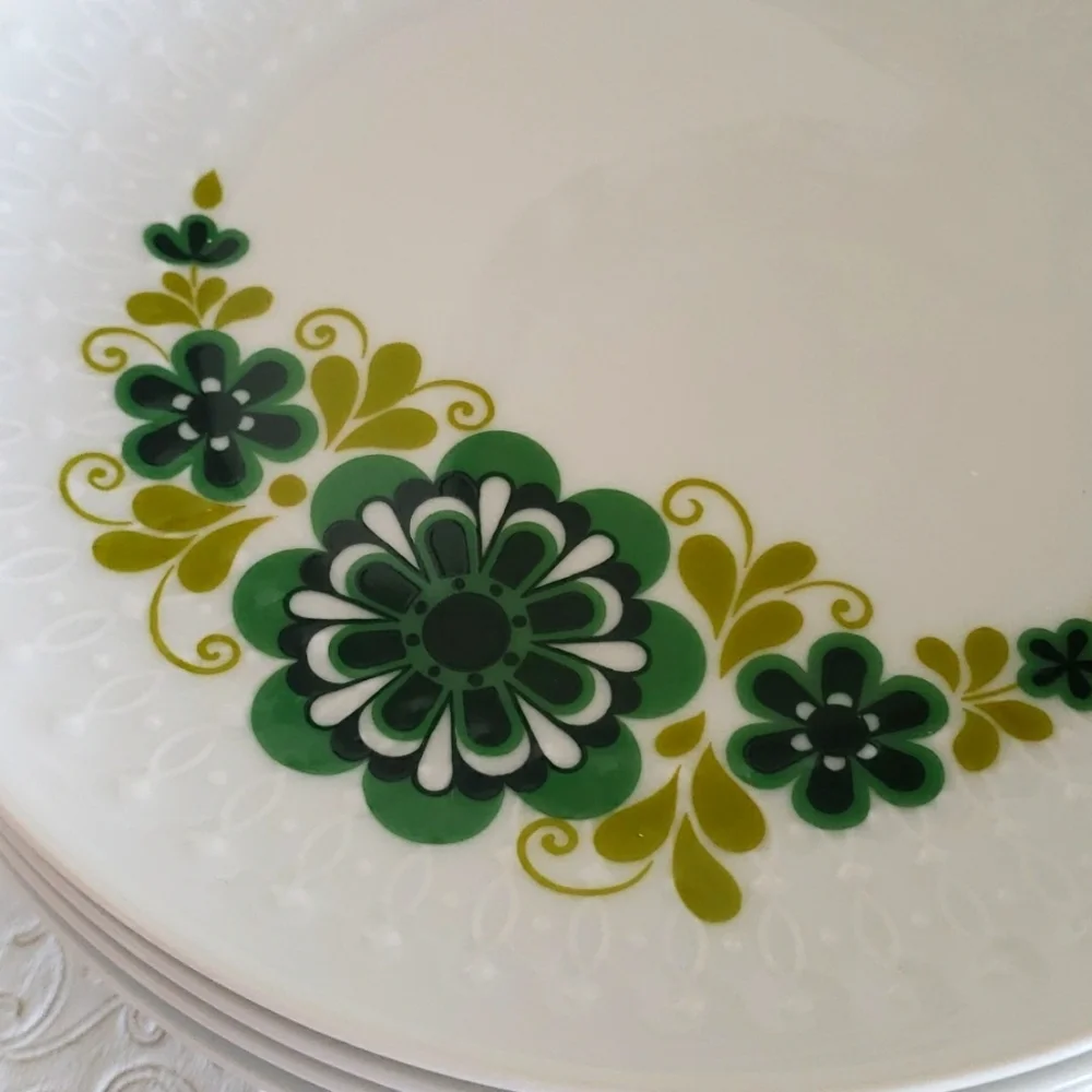 VTG. Mitterteich Bavaria 6 White Porcelain & Green Floral Salad Plates, 7 3/4